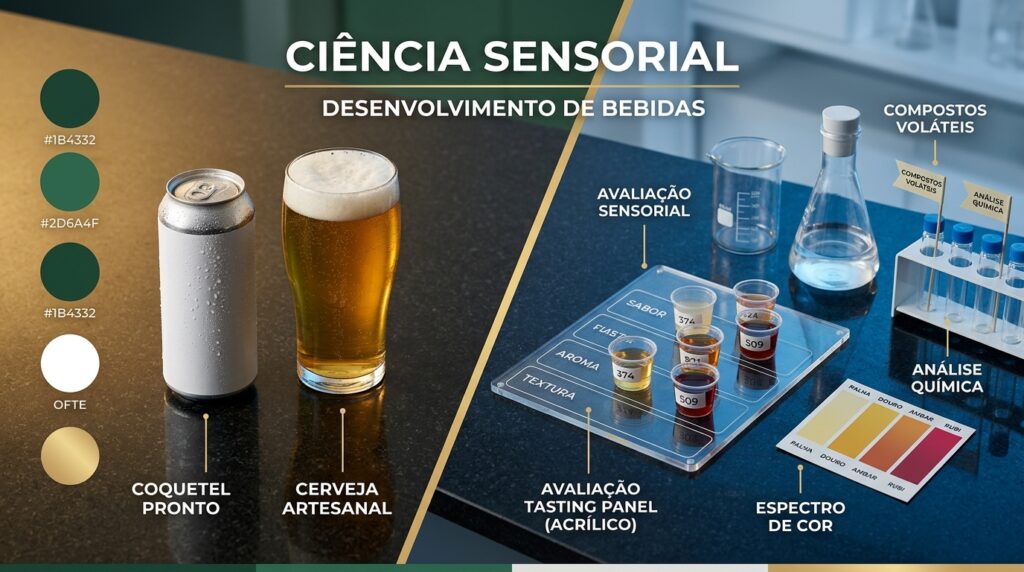 Especialista conduzindo análise sensorial de bebidas alcoólicas em laboratório com taças padronizadas e painel técnico.