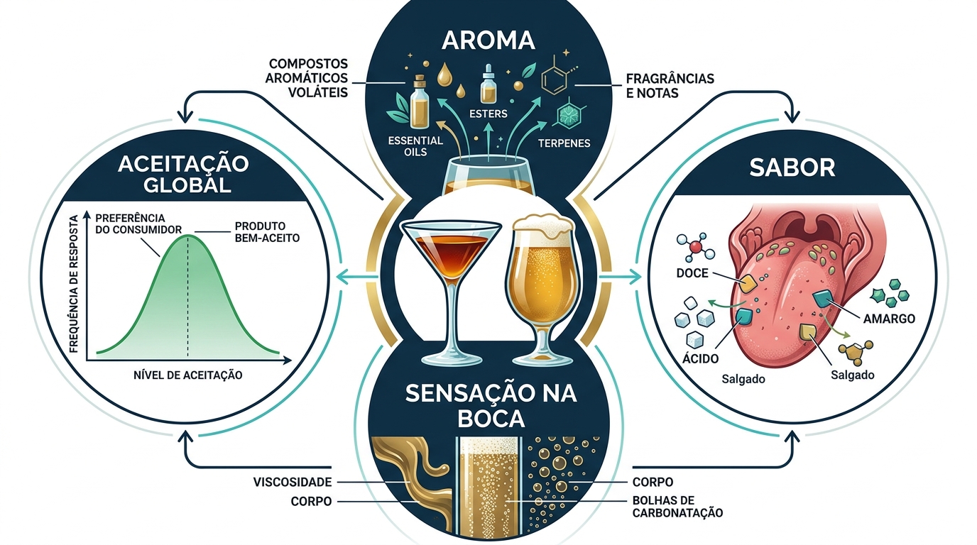 Infográfico explicativo sobre a metodologia de análise sensorial de bebidas alcoólicas e atributos percebidos.