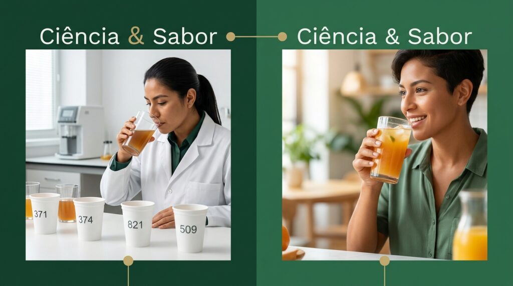 Profissionais avaliando amostras em laboratório para análise sensorial de bebidas não alcoólicas.