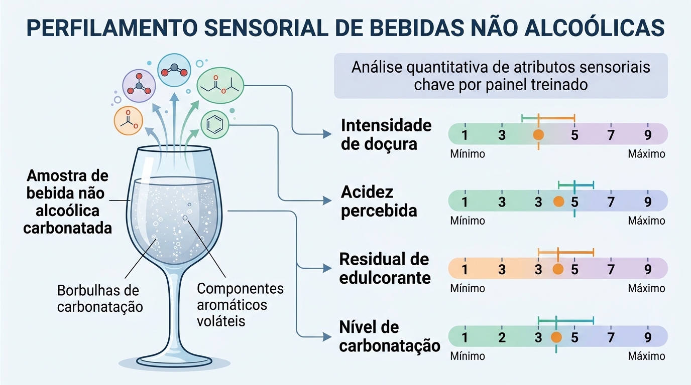 Infográfico demonstrando metodologias JAR e testes descritivos em análise sensorial de bebidas não alcoólicas.