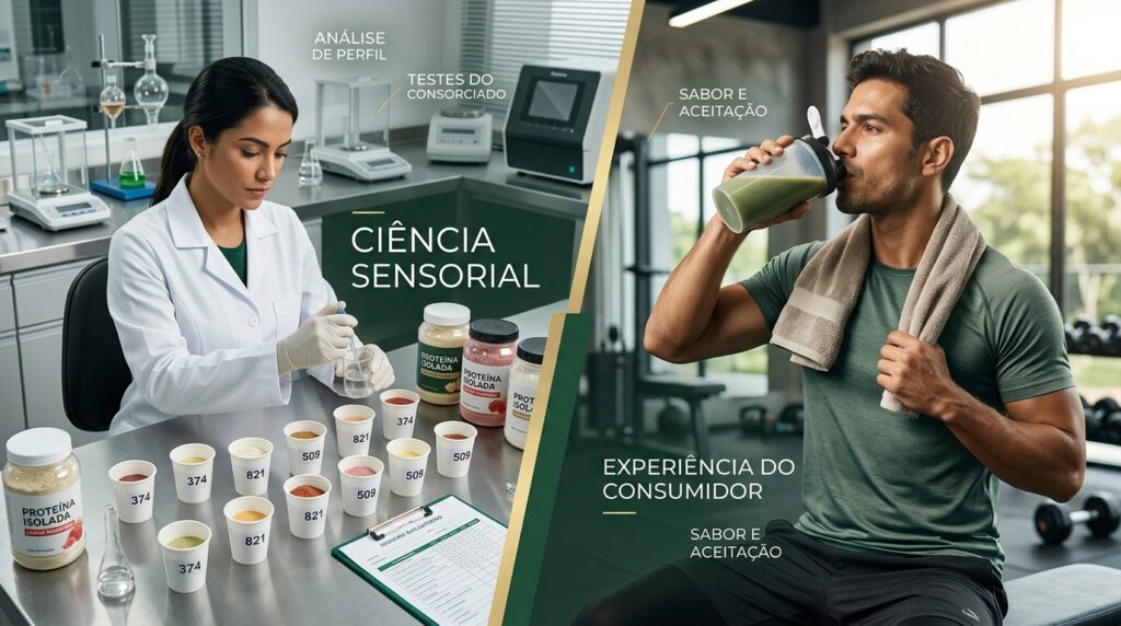 Especialista em P&D conduzindo análise sensorial de suplementos alimentares em laboratório com amostras em pó e líquidas.