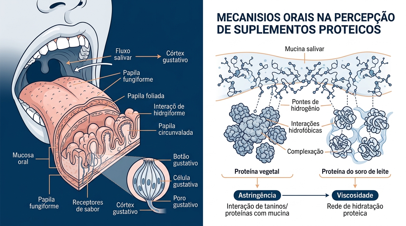Infográfico dos mecanismos gustativos e interações moleculares na análise sensorial de suplementos alimentares proteicos.